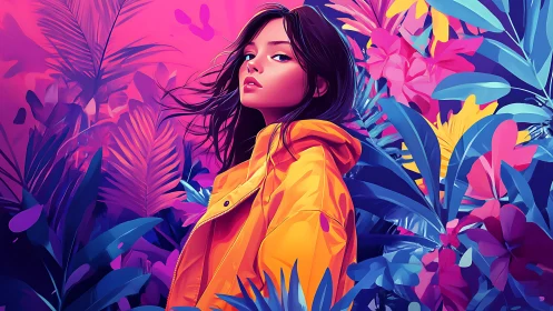 Neon jungle muse in a glowing yellow jacket of defiance.