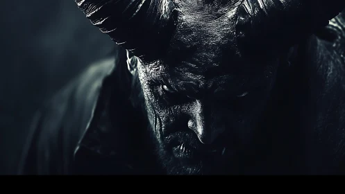 Low-key horned creature portrait with high-contrast chiaroscuro.