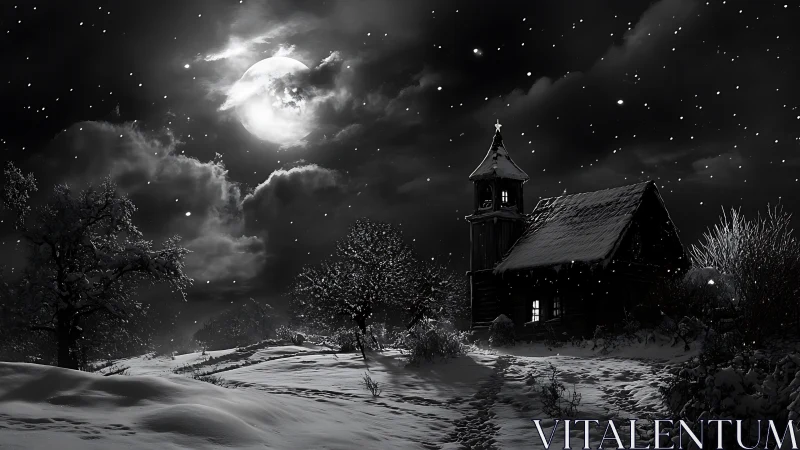 Snow-covered rural chapel stands under bright full moon