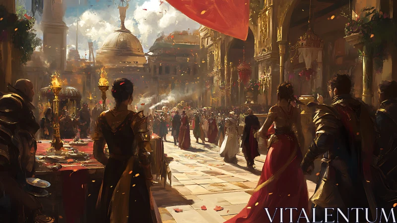 Regal courtyard revelry beneath drifting crimson banners.