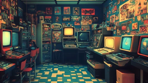 Retro arcade command center in neon-lit gaming den.