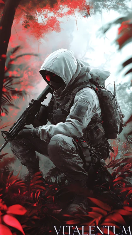 Ghost-white ranger crouches in bloodlit cyber jungle fog