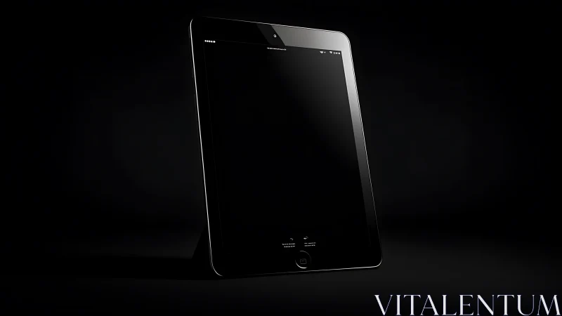 Modern tablet device displayed at angular perspective with minimal lighting.