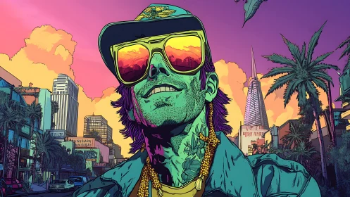 Neon-tinted street rebel in tropical cybercity sunset skyline.