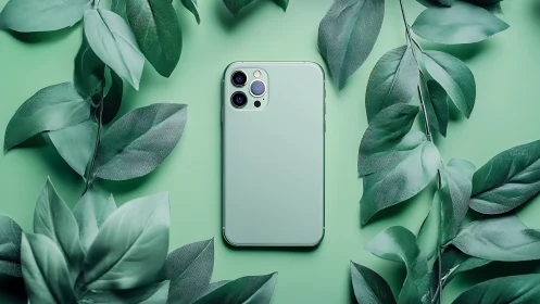 Mint smartphone centered amid stylized monochrome leaves.