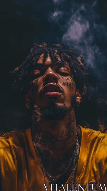 Tattooed man in yellow jersey amid rising smoke portrait.