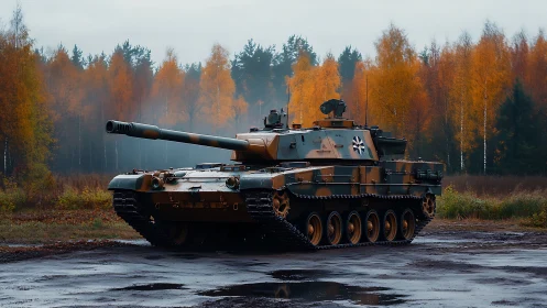 Cold war era main battle tank in autumn forest training ground