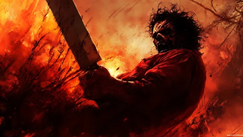 Masked chainsaw wielder in infernal red-orange firestorm