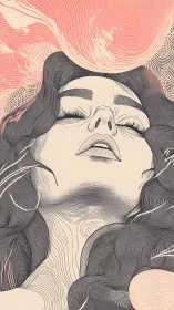 Female portrait rendered with dense flowing line contours