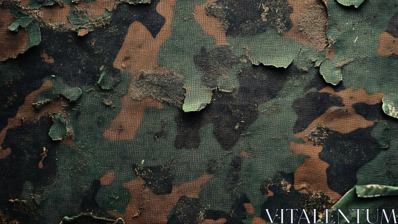 Weathered camouflage coating with peeling textured layers.