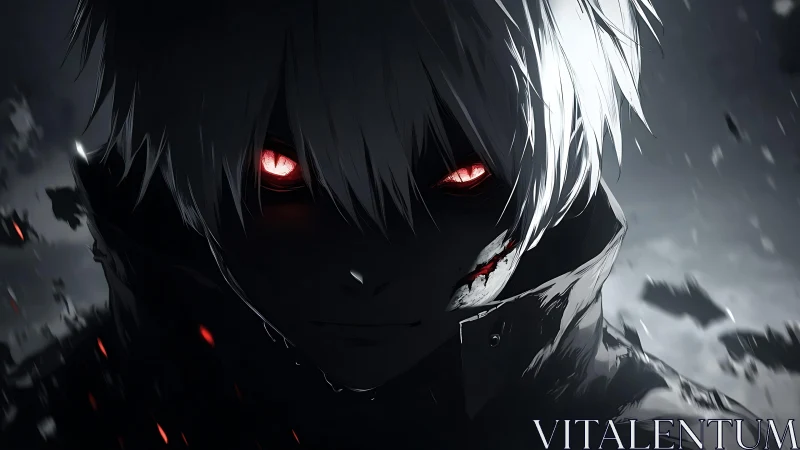 White haired anime figure stares forward with glowing red eyes