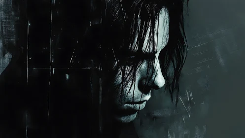 Moody side profile of somber person in dark tones.