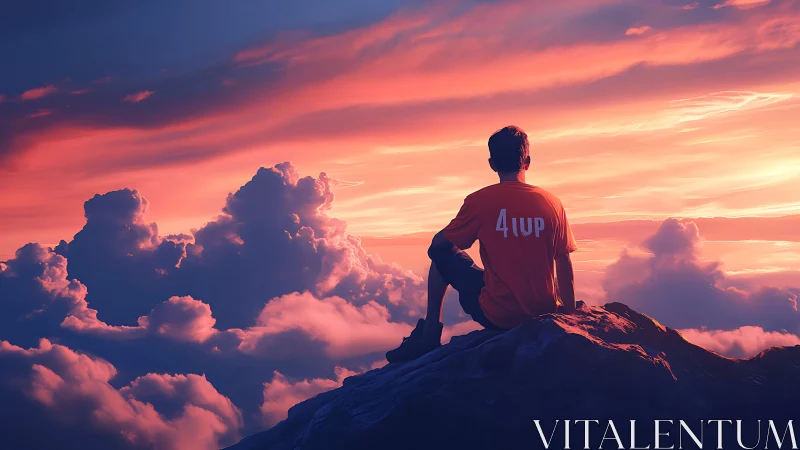 Solitary dreamer watches a blazing sunset above soft clouds