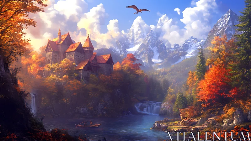 Mountain castle above autumn river valley under dragon flight