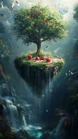 Floating apple tree island hovers above misty cascading gorge