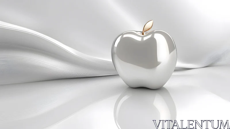 Shiny Silver Apple on Glossy White Fabric Background, Minimalist Art.