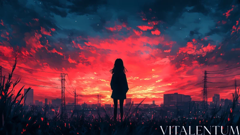 Silhouetted girl facing neon red urban sunset skyline panorama