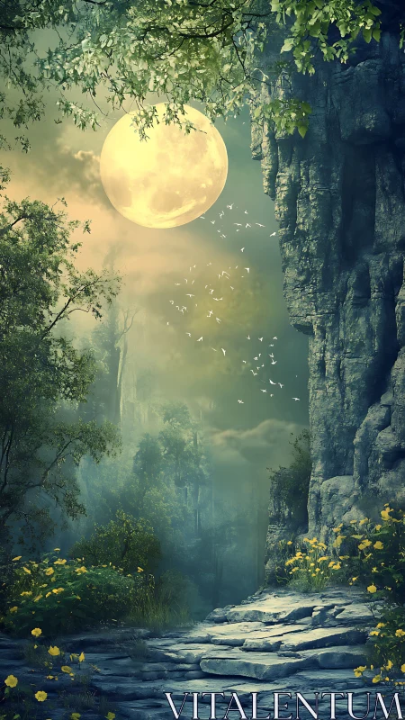 Moonlit forest path below cliffs and distant rock spires.