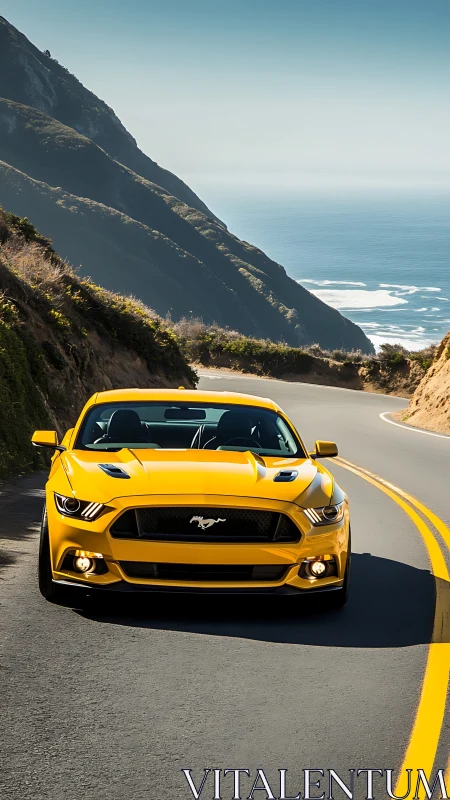 Yellow sports coupe travels coastal mountain highway bend