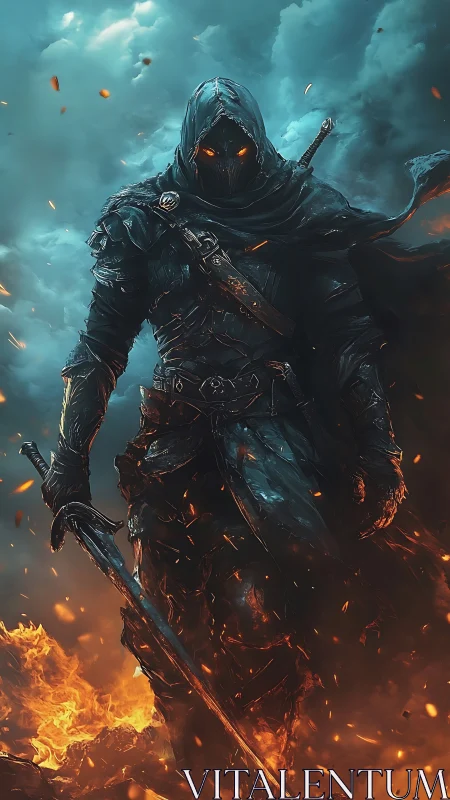 Hooded infernal swordsman in high-contrast fantasy digital painting.