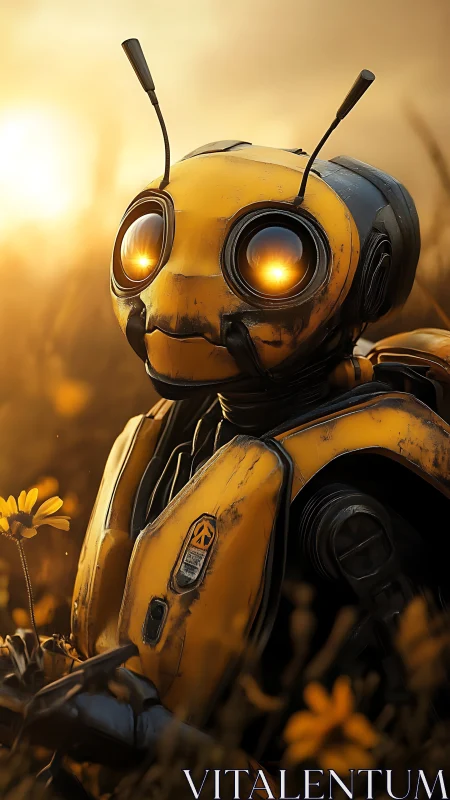 Anthropomorphic bee-inspired robot gazes at sunset in meadow