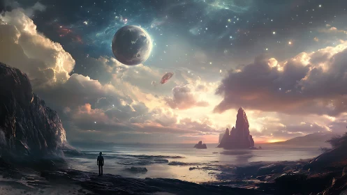 Fantastical coastal exoplanet vista with lone observer figure.