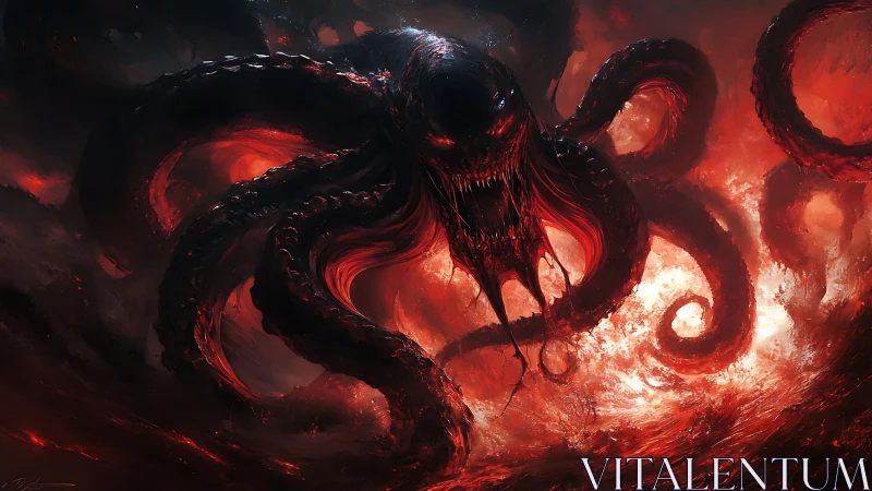 Demonic leviathan erupts from a blood red infernal sea