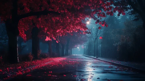 Moody urban avenue with crimson foliage and rain-soaked perspective.