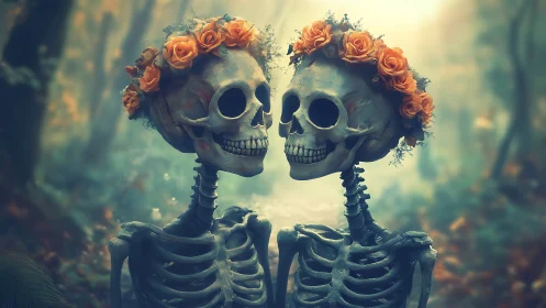 Eternal skeleton sweethearts share a tender moment in bloom