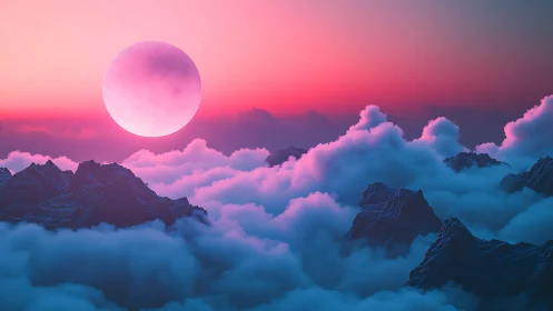 Luminous pink moon over cyan cloud seas and jagged peaks.