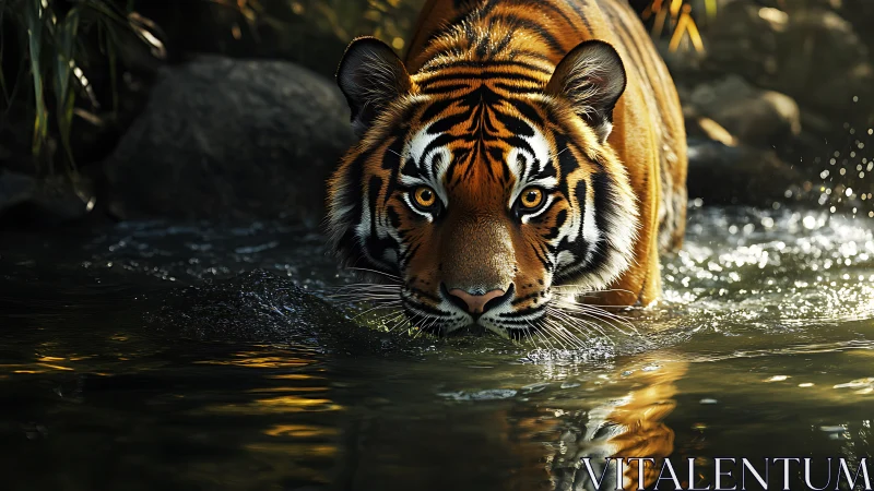 River-stalking tiger glows in molten jungle light. Period.