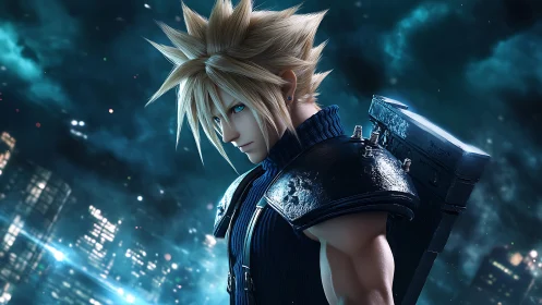 Stoic swordsman in neon cityscape under stormlit sky.