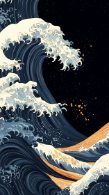 Stylized dark ocean waves with flowing golden accents.