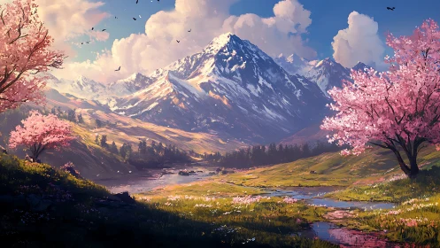 Layered alpine valley scene renders snow peaks and cherry bloom