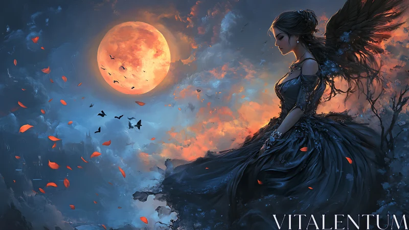 Winged female figure sits before a large orange moon