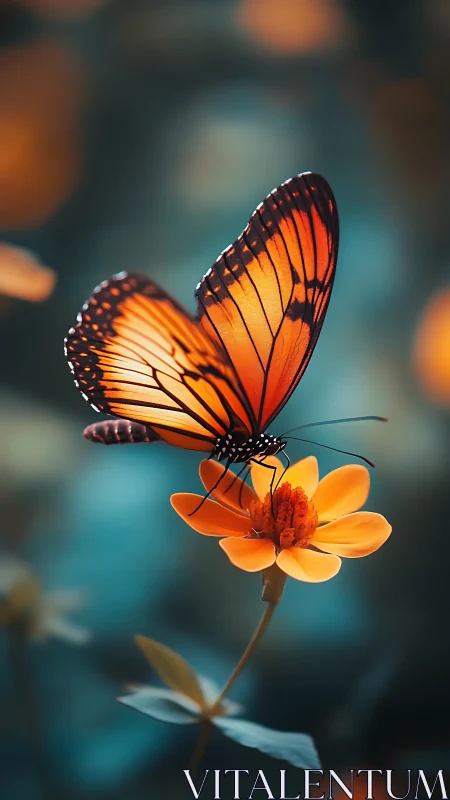 Monarch wings write quiet fire across a teal-soft garden