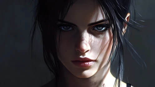 Intense young woman stares forward under harsh side light