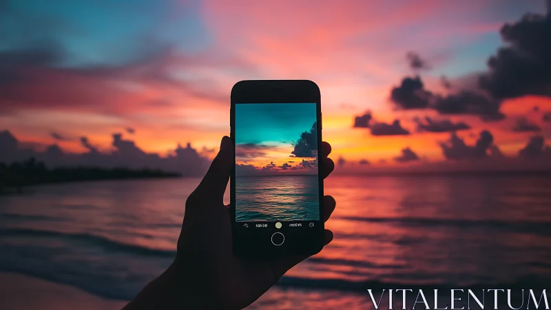 Smartphone framing vivid ocean sunset under dramatic clouds