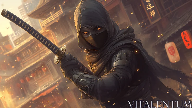 Hooded ninja swordsman in ember‑lit traditional cityscape.