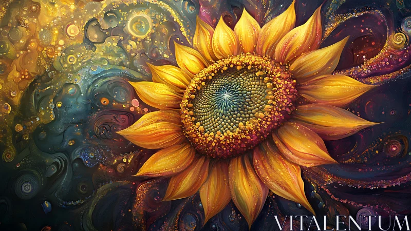 Galactic sunflower swirling through a painted cosmic tide.