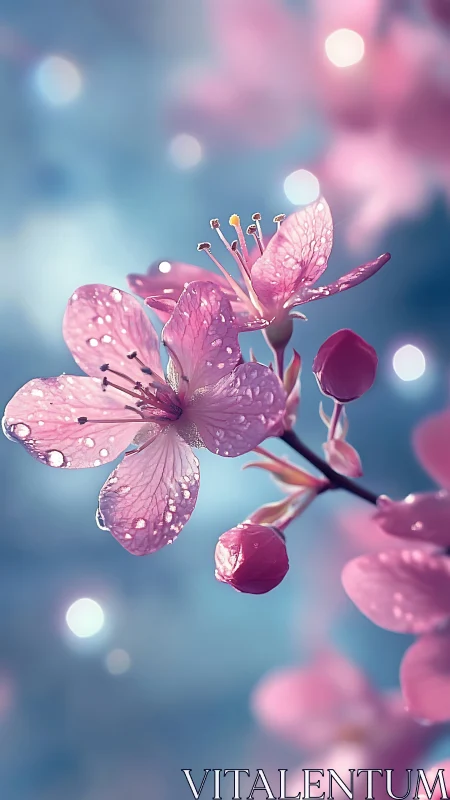 Pink Blossoms Kissed by Morning Dewdrops.