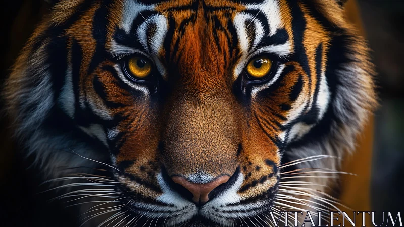 Tiger’s intense golden gaze emerges from dramatic shadows