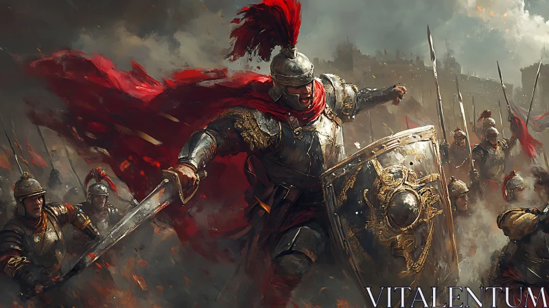 Crimson-plumed commander cleaves through the storm of war