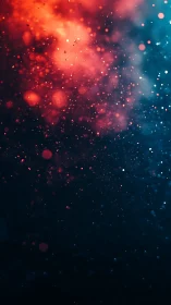 Glowing red and blue particles drift gently through deep space