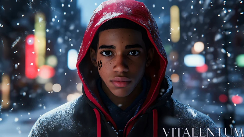Teen boy in red hooded jacket stands in snowy night city