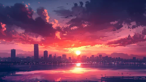 Sunset city skyline glows above calm reflective waterfront