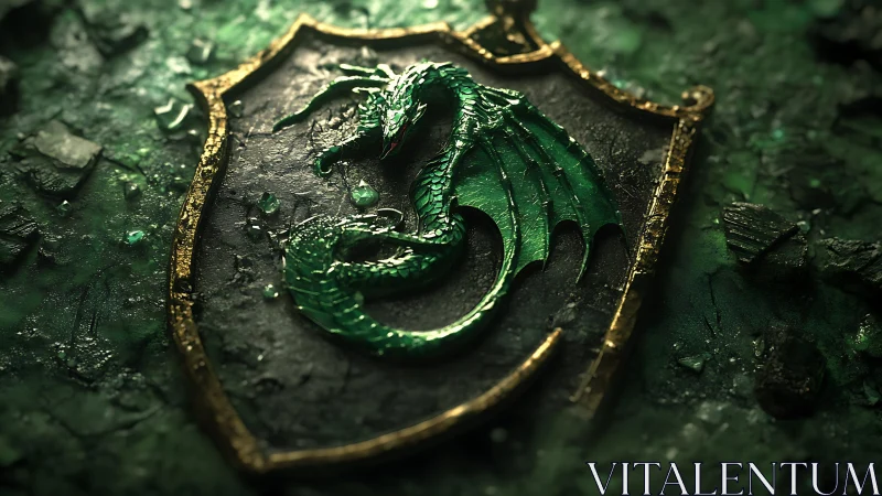 Emerald dragon crest resting on weathered stone shield.