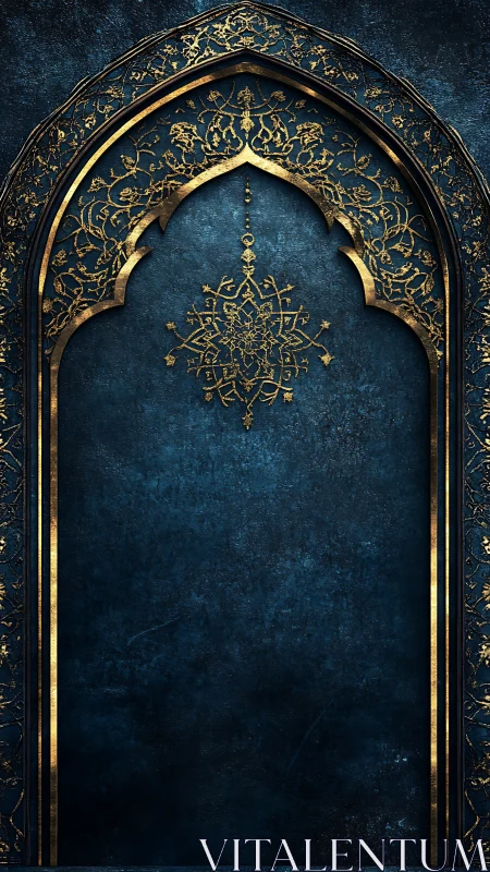 Ornate gold arch frames deep blue textured background