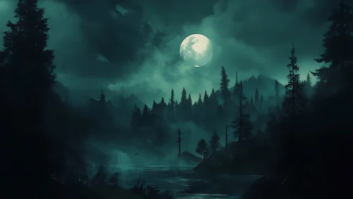 Full moon illuminates misty conifer forest over dark lake
