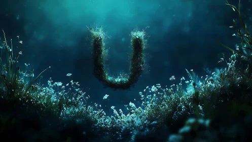 Glowing underwater letter U cradled in dreamy blue meadow.